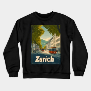 This vibrant travel poster showcases Zurichs classic architecture and picturesque streets, featuring red trams weaving through a lively Crewneck Sweatshirt